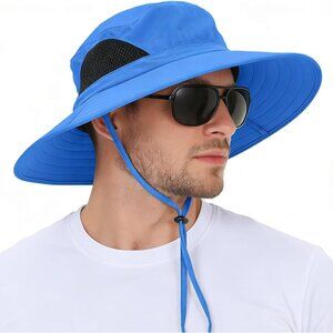 Unisex Blue 100% Polyester Wide Brim Mesh Vents With Chin Strap Fishing Sun Hat